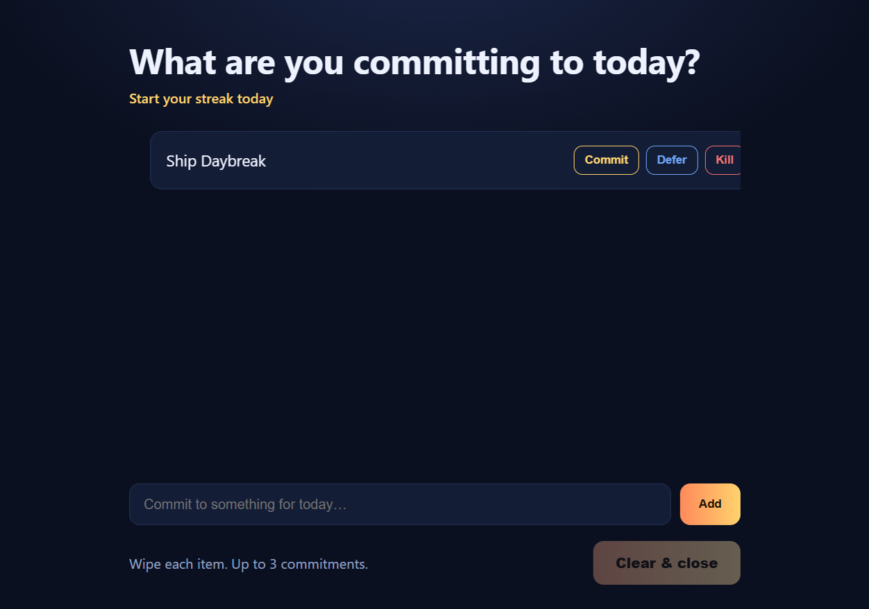 Daybreak Windows app showing a morning commitment ready to be wiped